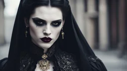 vampire goth fashion, women and men pale face, black hair dark make up, in renesaince vampire goth clothes and jewelry, black, silver, gold, burgundy fashion colors, High detailed, sharp focus, looking at the camera, cinematic, masterpiece, high realistic, fashion photo