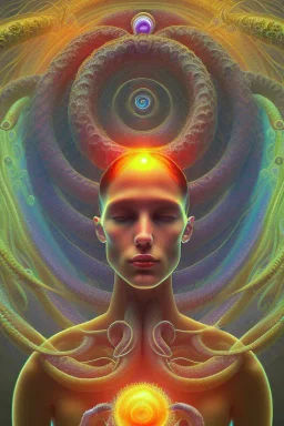 Spiritual being with Tentacles over human Head creating reality around, wrapping Spiral around Human, Psychedelic