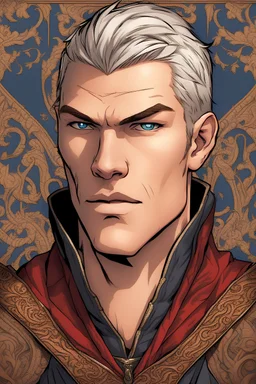 Adult man, Alan Ritchson features, fair complexion, sporting short silver hair, dressed in black and red medieval attire, intense blue eyes, standing amidst a backdrop of a richly-colored medieval tapestry, graphic novel style, digital art, dramatic lighting, highly detailed, half body, House of the Dragon