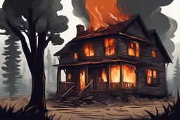 Mulher de costa cabelos castanhos curtos olhando uma casa pegar fogo, expressões de raiva, clima de suspense, cinematográfico, cores frias, desenho realista com cores escuras floresta, fogo alto