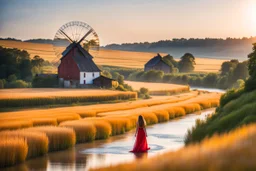 wide angle shot of golden wheat field next to river ,a watermill on river, a beautiful girl in pretty long dress walking in