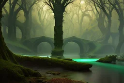 emerald river beneath incredible ancient stone arches, autumn trees, no people, by Ivan Shishkin, Ferdinand Knab, Dan Seagrave, Erik Johansson, Peter Mohrbacher, Anato Finnstark, Flavio Greco Paglia. unreal engine, bokeh sharp focus dof ultra realistic oil on canvas beautiful award winning photograph ultra detailed