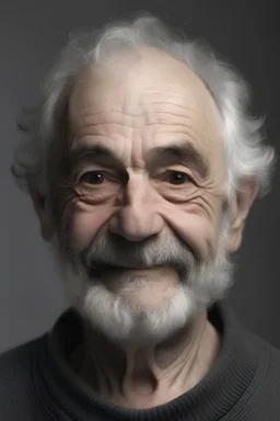 old man, wide face, grey and black hair, very short curly hair, dimples,