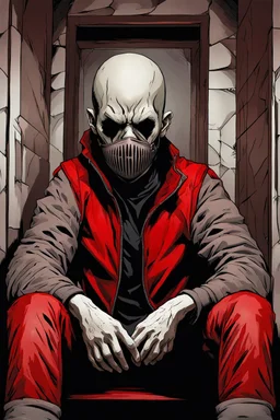 A scary gothic person sits quietly in the middle of a soundproof, padded room conveying intense dramatic emotions in a muted environment, wearing a red restraint jacket with arms inside, a mask to cover the mouth area of cannibal evil scary, dark and gothic look, cold eyes, eary ultra detailed,.32k, digital art style with messy paint, hardened sealer appearance, impasto, dramatic Arial view with explosive chaotic background