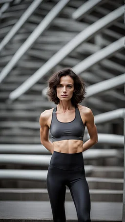 photography of a beautiful anorexic woman, anthracite satin triathlon top, sports illustrated, brunette short wavy bob haircut, pronounced sternum, flat chest, anthracite short leggins