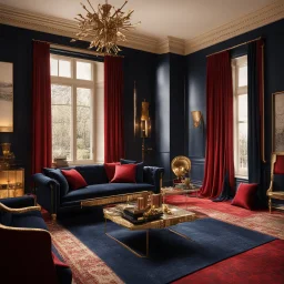 Living room in midnight blue, red and gold. large window with curtains