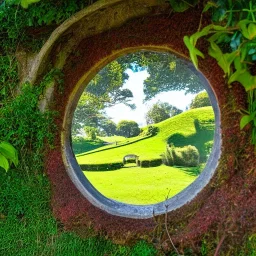 round window looking out onto lush scene of hobbiton, trees, bushes, overgrown, lush