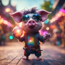 Gates as hairy groove funk kobold pig hippie holding disco ball ,bokeh like f/0.8, tilt-shift lens 8k, high detail, smooth render, down-light, unreal engine