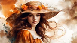 Vintage art, brown and orange shades, sunny day, straw hat for woman, summer dress, splashes of art, in the style of Dante Gabriel Rossetti, Yossi Kotler, Camilla D'Errico, masterpiece, fine art in the style of Carne Griffiths, Paula Hoppe