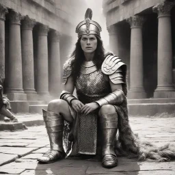 [vintage style noisy scratches glitches, Shot the texture and then rewound the film and double exposed the face] [old faded image of a woman Roman legionary crouching in sandal tall amidst the chaos of the Roman celebration. Clad in gleaming chainmail, a majestic plume in hairs, she exudes an aura of strength and determination that sets her apartaround herstraw-covered ground, demonic, satanic,] Retrofuturism: Where Yesterday’s Tomorrow Still Shines