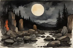 Night, mountains, rocks, gothic horror films influence, winslow homer watercolor paintings