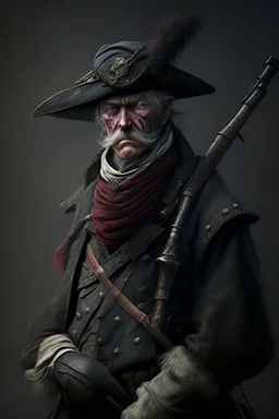 70 years old victorian bloodborne soldier with a musket, bandana and scally cap