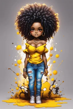 create a colorful abstract graffiti art image 8k of a chibi curvy black female wearing torn jeans pants and a yellow tie dye off the shoulder blouse. Prominent make up with hazel eyes. Highly detailed long tight curly afro in a hair wrap.