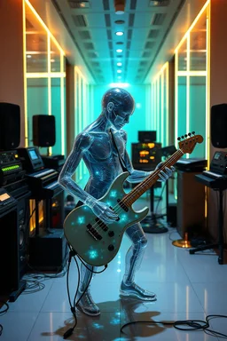 The whole body of Maniquí de glassy hallway Artist mader playing the synthesis with a sound studio gears and several hi tech gears and lighting in the background