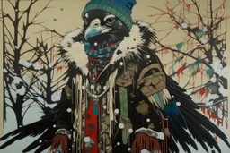 A contemporary serigraphy portrait by Kunisada of a crow adorned in a punk leather jacket within a snowy Christmas atmosphere.