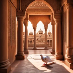 Hyper Realistic Photographic-Zoomed-View Of White-Dove Sitting On The Traditionally-Crafted-Surface-of-the-Balcony inside Traditional Rajasthani Fort With with sunrays casting Dove's Shadow Traditional-Brown-Pillars & Traditional-Hallway showing dramatic & cinematic ambiance.