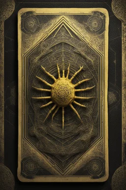 sacred geometry framed playing card on parchment, black and yellow spider relief with shadows boss card in the style of Giger and fallout 4 ,,bokeh like f/0.8, tilt-shift lens 8k, high detail, smooth render, down-light, unreal engine