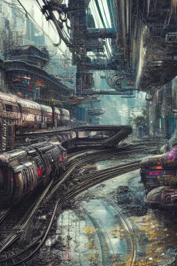 Insanely detailed intricately detailed meticulously detailed hyperdetailed AbstractTech cyberpunk train, high contrast, beautiful landscape, detailed full-color , nature, HD photography, Galen Rowell, David Muench, perfect composition, gloss, hyperrealism