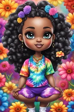 Create an airbrush image of a chibi black curvy female wearing a tie dye yoga outfit. Prominent make up with hazel eyes. Highly detail asymmetrical Bantu knots. background of colorful large flowers 2k