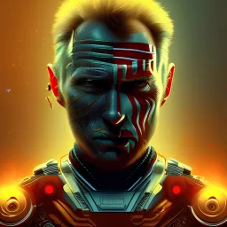 Strong, clint Eastwood , head shave, army, retro futurist, red, orange, yellow, neon, insanely detailed, 16k resolution, perfect eyes, cinematic smooth, intricate detail