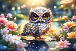 gemstone and jewel owl and small chibi duck in a flowergarden with beautiful flowers, pond, in sunshine, anime, watercolor and black in outlines, golden glitter, ethereal, cinematic postprocessing, bokeh, dof
