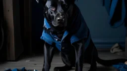 Evil, vicious black dog in blue torn pants