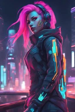 Tall girl embracing catlike traits in cyberpunk suit, neon cyber cat eyes, cat tail, facial whisker tattoos, long wild coruscating colorful mane, standing imposingly, neon highlights from urban futuristic landscape, cyberpunk-themed illustration, digital painting, ultra-realistic,