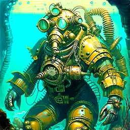 90's retro scifi art of a steampunk diver with big armor