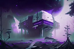 Large Futuristic Building, White Building, Alien Planet, Corrupted Forest, Dense Purple Fog, Dead Soil, Black Night Sky, Stars, Space, Distant Planets