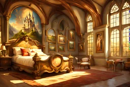 high fantasy castle bedroom full of paintings