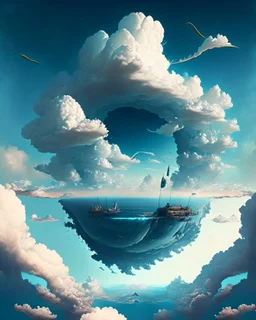 An inverted world where the sky is a vast ocean and ships navigate through the clouds