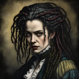 colored etching of a raggedly dressed, malevolent, predatory French female vampire , with highly detailed beaded dreadlock hair and facial features ,in the style of Rembrandt, Gian Lorenzo Bernini, Johannes Vermeer, and Ann Chernow, with a fine art aesthetic, highly detailed , realistic , 4k UHD cinegraphic quality