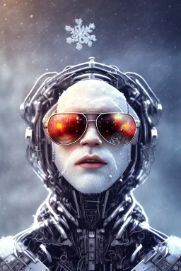 Snow man like a cyborg,with sunglasses,portrait,detail,textures,cinematic