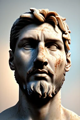 Ultra Realistic image, Roman sculpture, white marble material, Lionel Messi, gold Laurel leaves wreath, renaissance ornaments, one gold star in heart, chisel style, waist up portrait, epic, celestial, cinematic lighting, God light, god rays, 4k resolution, smooth details, ornate details, soft lighting, unreal engine 5, marble background.