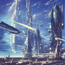 Spaceport on a heavy industrialized planet with a vibrant city in the background and a starting spaceship in the foreground, art by John Berkey, buildings with glass facades, insanely detailed, vibrant, 8k uhd, cinematic atmosphere, ultra-wide angle, street level view, brush strokes, blue sky with clouds, sharp focus