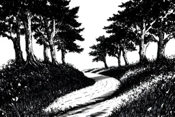 black and white line sketch of winding path in mysterious woods