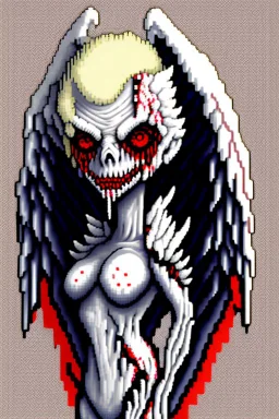 White albino Reptile angel, red eyes, scary, barf art, highly detailed pixel art,