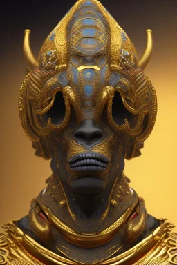 black male African Egyptian alien, cracks in the voodoo head, wicked, eyes, crown, Elephant, 8k, finely detailed, photo realistic, tiger turquoise skull head gold dragon space alien snow skeleton gold gorilla silver crown silver eyes