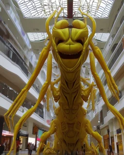 Distorted large yellow insectoid alien in a mall