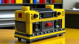 ghetto blaster made of lego bricks, woofers and tweeters. Not very tall, but slightly long