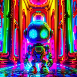 joyfull blessed cute holy chat robot in psychedelic neon hall, 8k, down-light, soft light, depth of field, photo realism, trending on art station, high detail