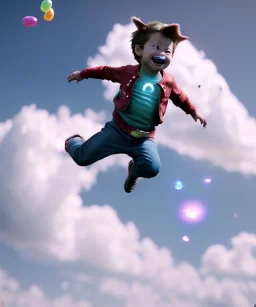 Ultra realistic clouds sky scene, wide angle, medium shot view, portrait, sweet Childs, free jumping flying, trinkets, monster hair, jelly beans, balls, smile, happy, Peter Pan style, inflatable color clothing, extreme, wind, clouds sea, 20,000 feet altitude, stratosphere, soft color, highly detailed, unreal engine 5, ray tracing, RTX, lumen lighting, ultra detail, volumetric lighting, 3d, finely drawn, high definition, high resolution.