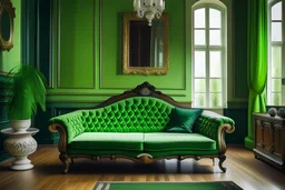 oemu on a green sofa in a mansion
