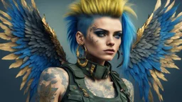 beautiful Punk woman Angel 30 years old, military clothing, mystical, bright colors, creative hairstyle, tattoo, piercing, photorealistic image, military, camouflage clothing, gold, blue, fine rendering, high detail, 8K