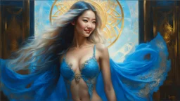 In Casey Baugh's evocative style, art of a gorgeous smiling asian goddess full body with long blonde hair, blue eyes , beautiful chest and long legs, futuristic, transparent blue lace, elegant, highly detailed, majestic, Baugh's brushwork infuses the painting with a unique combination of realism and abstraction, greg rutkowski, surreal gold filigree, broken glass, (masterpiece, sidelighting, finely detailed beautiful eyes: 1.2), hdr, realistic painting, natural skin, textured skin,