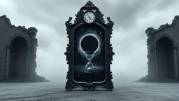 Midnight as a physical dimension. A monumental baroque mirror standing in empty gray desert landscape before a crumbling old gothic stone wall, Cold gray reality outside the mirror, subtle fog. antique clock above the frame showing exactly 12:00. Inside the mirror lies the Realm of Midnight: a colossal black eclipse above an endless cosmic abyss, melting stars, brocken hourglass inside the mystic mirror, and big abyss of universum, the mirror one gate into the midnight space, Dark surreal vibe,