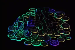 black background, outlines of a holographic pile of coins, diagram drawn from thin neon-coloured glowing lines