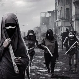 women, faces covered in black masks, ragged clothes, holding flag, war-torn, destroyed city in the background, 8k resolution, hyperrealistic, detailed matte painting, b&w, dynamic lighting, war, anarchy, terrorists