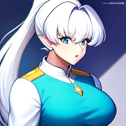 Clear focus, 8k, Elf, ranma drawing style, White hair, ponytail, hair in between the eyes, up close,