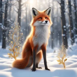 Masterpiece 3D render digital art photostudio quality Just a sprinkle of magic dust, a sprig of berries over a beautiful standing fox with a bushy tail, standing in the snow, backdrop forest winter landscape, insanely beautiful face , silver and gold snow swirl in background, pearls and beads and gold lines